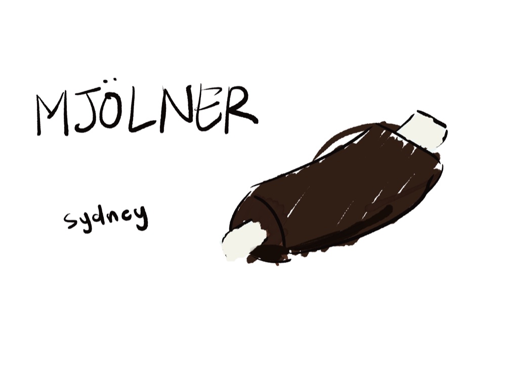 Illustration of a chocolate-dipped Mjolner ice cream bar, labelled 'Sydney'