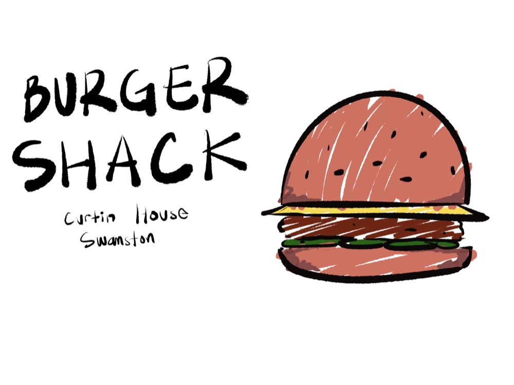 Illustration of a burger, titled 'Burger Shack — Curtin House, Swanston'