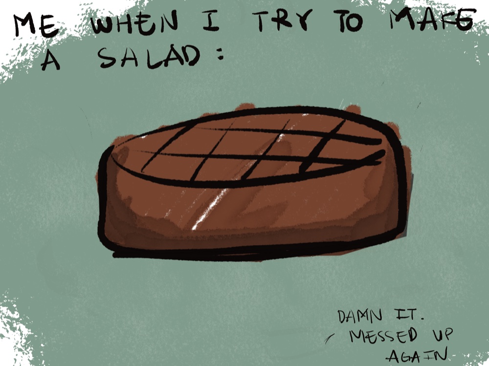 Illustration of a steak, captioned 'Me when I try to make a salad: damn it, messed up again'